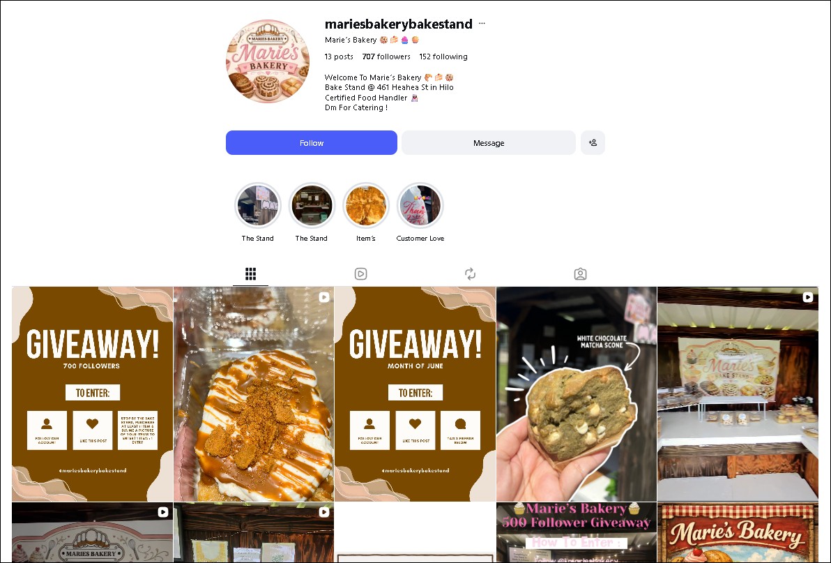 Marie's Bakery Instagram - cookies and scones bake stand in Hilo
